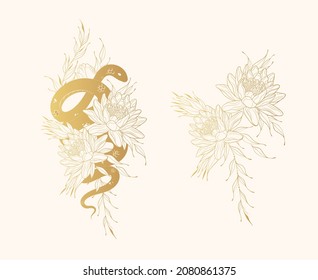 Hand drawn golden twisted snake with water lilies. Gold mystical floral vector illustration in vintage style  for tattoo, covers,  t-shirt design, fabrics, notebooks.