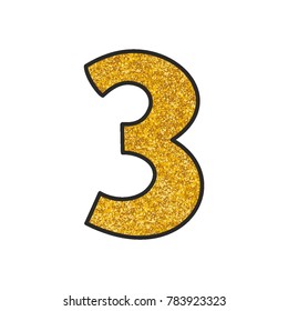 Hand drawn golden vector number  3 isolated on white background