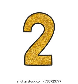 Hand drawn golden vector number  2 isolated on white background