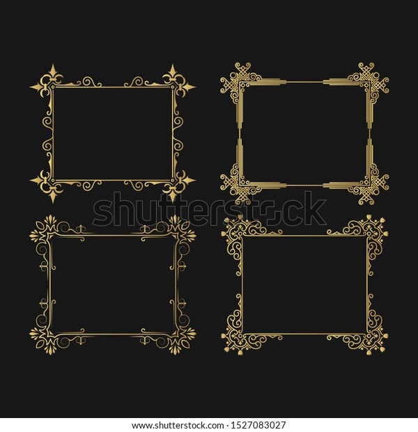 Hand\
drawn golden vignette ornate frames set. Gold elegant wedding\
borders. Vector isolated vintage invitation\
card.