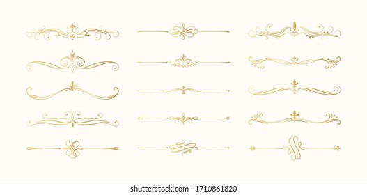 Hand Drawn Golden Vintage Dividers. Swirl Victorian Borders.  Vector Isolated Royal Calligraphic Separators. Classic Wedding Gold Invitation Decor Lines.