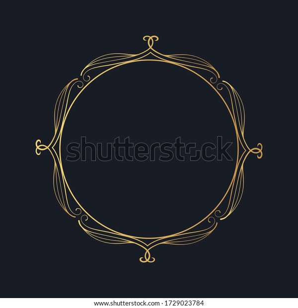 Hand drawn golden vintage frame. Ornate gold\
round ornament.  Vector isolated royal swirl border. Classic\
wedding invitation\
template.