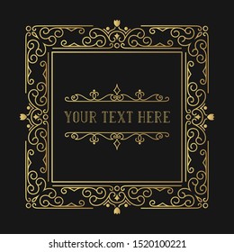 Hand drawn golden vintage ornate border. Filigree elegant gold wedding frame. Vector isolated classic invitation card.