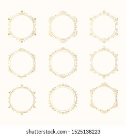 Hand drawn golden vintage oval frames set. Elegant ornate wedding round gold borders. Vector isolated filigree invitation card.