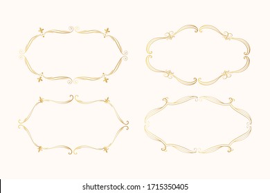 Hand drawn golden vintage oval frame set. Royal border. Vector isolated gold ornate monogram. Classic wedding invitation templates with elegant elements.