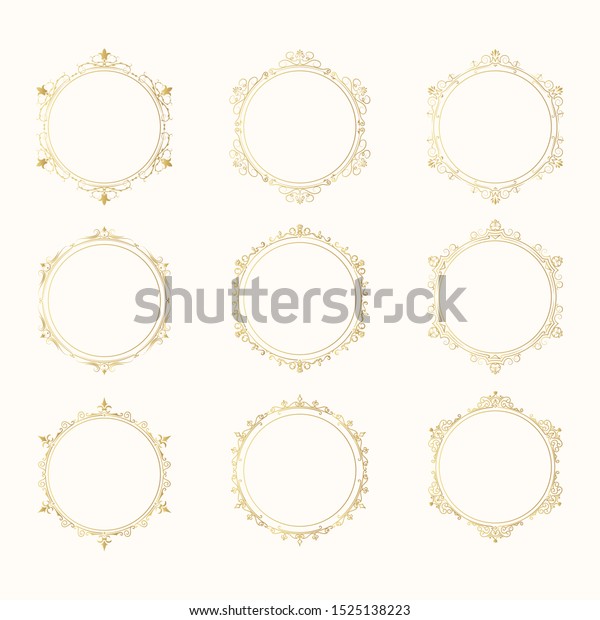 Hand drawn golden vintage oval frames set. Elegant\
ornate wedding round gold borders. Vector isolated filigree\
invitation card.