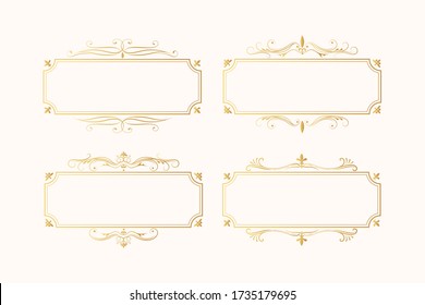 Hand drawn golden vintage rectangular royal frames set. Wedding invitation card templates. Calligraphic gold borders.