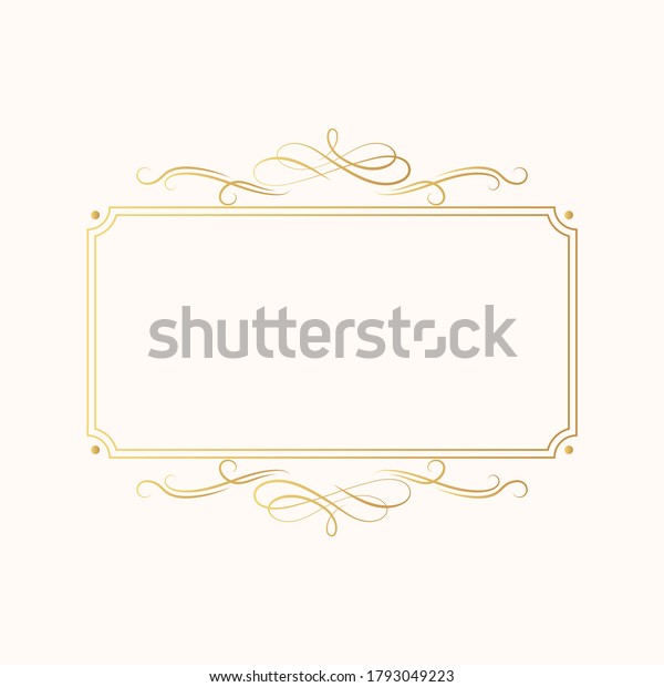 Hand drawn golden vintage rectangular swirl border in\
royal style. Vector isolated luxury wedding invitation card\
template. Certificate frame with gold filigree decor elements.\
