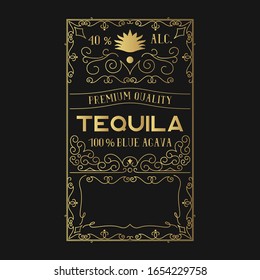 Hand drawn golden vintage tequila frame. Gold alcohol label for bottle or bar menu with lettering. 
