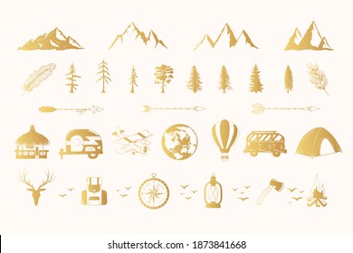 Hand drawn golden Wanderlust icons with pine trees, tents, globe, airplane, hot air balloon, compass, arrows and mountains. Vector isolated explore and travel gold elements.