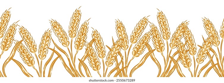 Hand drawn golden wheat seamless border edging pattern ribbon design vector illustration