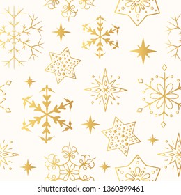 Hand drawn golden winter stars and snowflakes seamless pattern. Vector Merry Christmas gift gold wrapper background. 