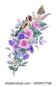 Hand drawn goldfinch and butterfly sitting on wildflowers bouquet isolated on white. Vector elegant floral composition with bird and pink and purple flowers in vintage style, t-shirt, tattoo design.