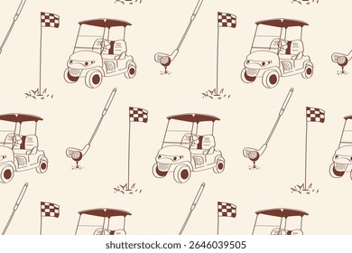 Carrinho de golfe desenhado à mão e padrão de equipamentos. Perfeito para a marca do clube de golfe, papel de embrulho ou produtos digitais com tema de esportes.