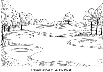 Hand Drawn of a Golf Course Landscape with Greens and Bunkers sport recreation