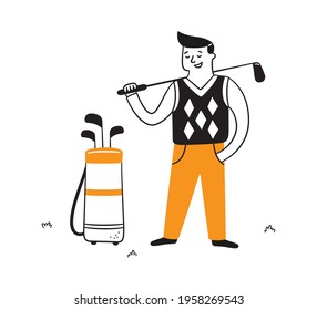 Hand drawn golf player with club. Golfer in doodle style. Isolated vector illustration on white background