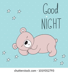 Hand drawn Good night vector card with bear.