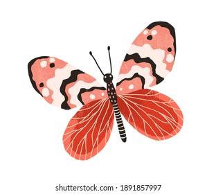 Hand drawn gorgeous butterfly with bright wings and antennae. Colored beautiful flying moth. Colorful flat textured vector illustration isolated on white background