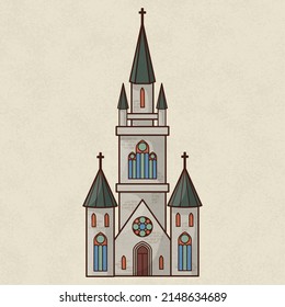 Hand drawn gothic church with stained glass window in vintage style. Medieval christian temple. Landmark element for ancient map. Old european architecture building. Vector, colored, isolated. 