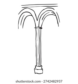 Hand drawn Gothic column sketch, medieval architectural pillar with fan vault arches, ancient stone structure, historic line art, black ink isolated on white