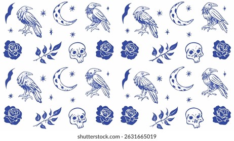 Hand drawn Gothic Halloween Seamless Pattern Spooky Bats Spiders Pumpkins and More