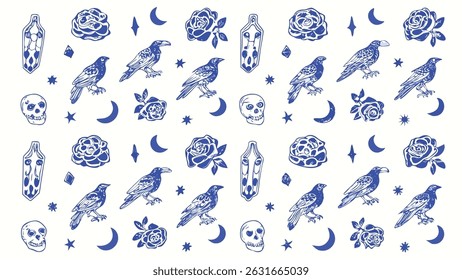 Hand drawn Gothic Halloween Seamless Pattern Spooky Bats Spiders Pumpkins and Creepy Elements for Autumn Designs