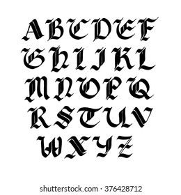 Hand drawn gothic ink pen font. Capital letters. Black ink isolated on white. Vector illustration.