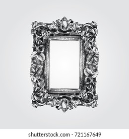 Hand Drawn Gothic Picture Frame Sketch Symbol Isolated On White Background. Vector Frame Element In Trendy Style