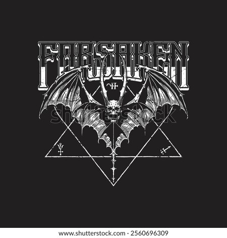 HAND DRAWN GOTHIC SATANIC DARK BAT ANIMAL FLYING METAL MUSIC SKULL VINTAGE TSHIRT TEE PRINT FOR APPAREL MERCHANDISE