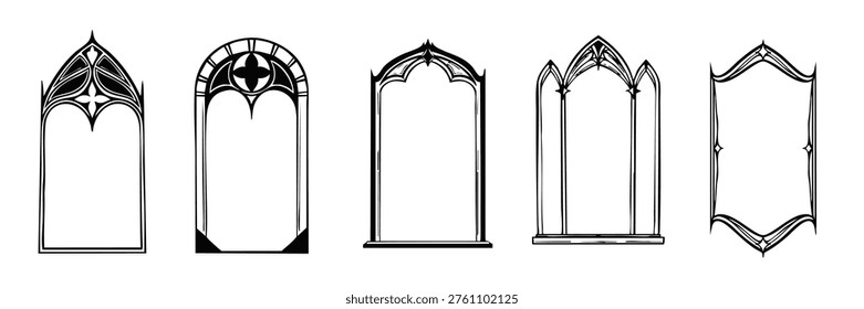 Hand drawn gothic style frames collection with decorative borders and ornamental shapes. Vintage outline vector set.	