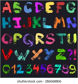 Hand drawn gouache alphabet. Handwritten multicolor colorful font isolated on black background. Contains uppercase letters, numbers and question and exclamation marks. Real paint texture.