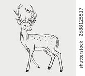 Hand drawn graceful deer standing with its head turned to the side. Vector sketch illustration in vintage crayon textured style. Wild forest animal design, winter, Christmas symbol