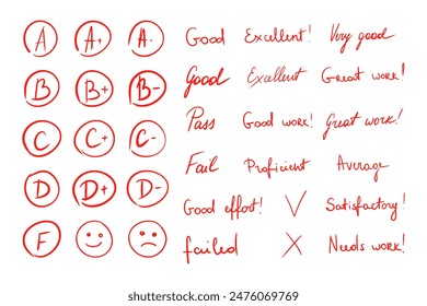 Hand drawn grade letter set. Sketch exam results A to F in circle. School test result of education, description phrases doodle. Vector illustration.