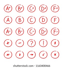 Hand drawn grade red marks system set