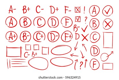 Hand drawn grade results, check marks set of icons. School, education, business symbol. Exam, examination, test vector illustration