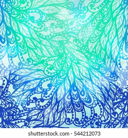 Hand drawn gradient blue floral invitation card design with swirls and leaves