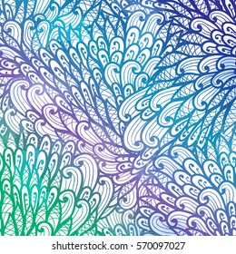 Hand drawn gradient blue and green floral invitation card design with swirls and leaves