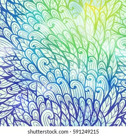 Hand drawn gradient blue and green floral invitation card design with swirls and leaves