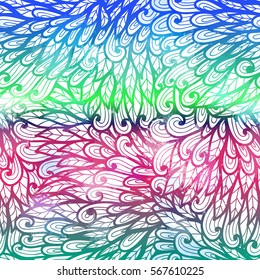 Hand drawn gradient blue and pink floral invitation card design with swirls and leaves