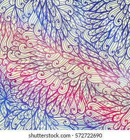 Hand drawn gradient blue and pink floral invitation card design with swirls and leaves