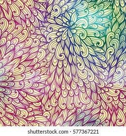 Hand drawn gradient blue and pink floral invitation card design with swirls and leaves