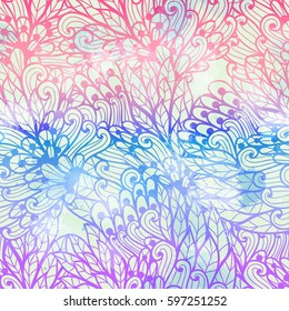 Hand drawn gradient blue and pink floral invitation card design with swirls and leaves