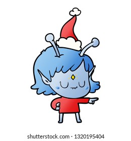 hand drawn gradient cartoon of a alien girl wearing santa hat