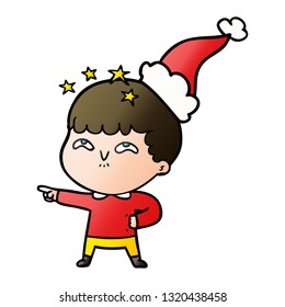 caricatura de gradiente dibujada a mano de un niño asombrado con sombrero santa