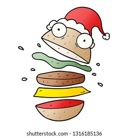 desenho à mão desenho gradiente cartoon de um hambúrguer incrível vestindo chapéu de santa