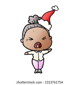 hand drawn gradient cartoon of a angry old woman wearing santa hat