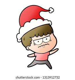 hand drawn gradient cartoon of a annoyed man wearing santa hat