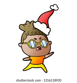 hand drawn gradient cartoon of a annoyed woman wearing santa hat