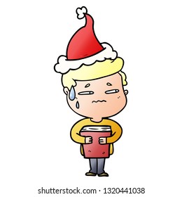 caricatura de gradiente dibujada a mano de un muchacho ansioso que lleva un libro con sombrero santa