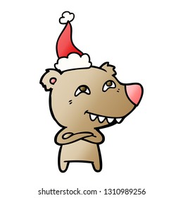 hand drawn gradient cartoon of a bear showing teeth wearing santa hat